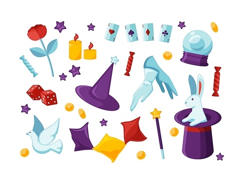 Bundle of equipment and tools for performing magic show and magical tricks isolated on white  - bunny sitting in top hat, playing cards, white dove. Flat cartoon colored vector illustration.