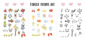 Collection of colorful fingerprints decorated by adorable animal’s faces isolated on white background. Bundle of art design elements for children. Childish colorful hand drawn vector illustration.