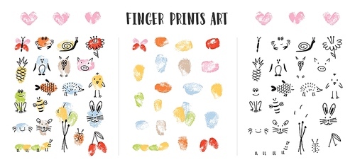 Collection of colorful fingerprints decorated by adorable animal’s faces isolated on white . Bundle of art design elements for children. Childish colorful hand drawn vector illustration.