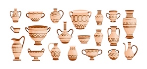 Bundle of ancient greek pottery isolated on white background. Collection of clay pots, vases and amphoras decorated by Hellenic ornaments. Set of archaeological artefacts. Flat vector illustration