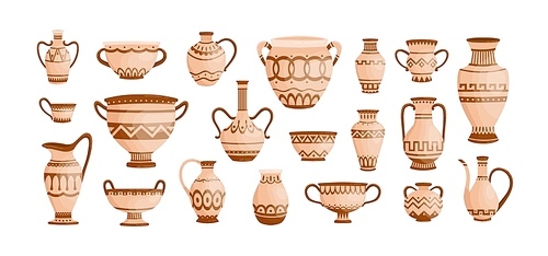 Bundle of ancient greek pottery isolated on white . Collection of clay pots, vases and amphoras decorated by Hellenic ornaments. Set of archaeological artefacts. Flat vector illustration