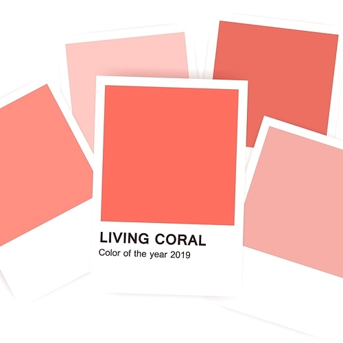 Living coral - color of 2019 year. Banner with samples, swatches or reference cards on white background. Pink or red shade or hue for design and fashion. Modern vector illustration in flat style