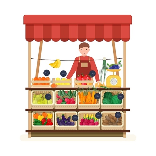 Man standing at counter of greengrocer's shop or marketplace and selling fruits and vegetables. Male seller at place for selling food products on local farmers' market. Flat vector illustration