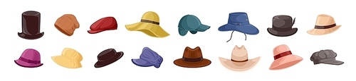 Collection of stylish men s and women s headwear of various types - hats, caps, kepi isolated on white . Bundle of fashion accessories. Colorful vector illustration in flat cartoon style