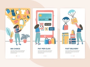 Bundle of vertical web banner templates with stages of online shopping - choice, payment, delivery. Set of scenes with woman buying goods in internet store. Colorful vector illustration in flat style.