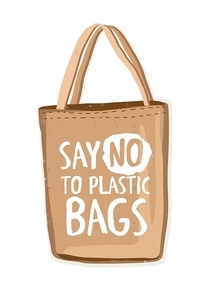 Textile environmentally friendly reusable shopping bag or eco shopper with lettering Say No To Plastic Bags handwritten with modern funky font on it. Colorful hand drawn vector illustration.