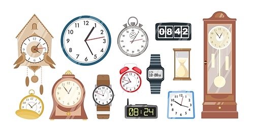 Collection of mechanical and electronic clocks, watches and hourglass isolated on white . Set of devices to to measure indicate time. Colorful vector illustration in flat cartoon style.