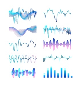 Collection of different gradient colored sound waves, audio or acoustic electronic signals isolated on white . Bundle of music record or track visualizations. Colorful vector illustration