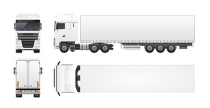 Modern truck or lorry isolated on white background. Front, back, top and side views. Commercial road vehicle, automobile shipping or delivery, cargo transportation. Realistic vector illustration
