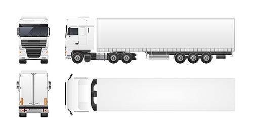 Modern truck or lorry isolated on white . Front, back, top and side views. Commercial road vehicle, automobile shipping or delivery, cargo transportation. Realistic vector illustration