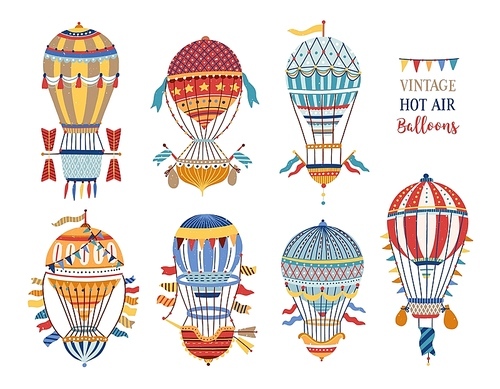 Collection of vintage hot air balloons of different texture and color isolated on white . Bundle of retro manned flying aircrafts decorated with flags. Vector illustration in flat style