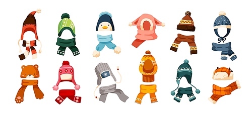 Collection of children s winter knit hats and scarves of various types isolated on white . Bundle of headgear or head accessories for kids. Vector illustration in flat cartoon style