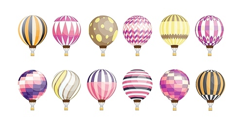 Collection of round hot air balloons of various pattern and color isolated on white . Bundle of bright colored manned aircrafts. Colorful vector illustration in flat cartoon style.