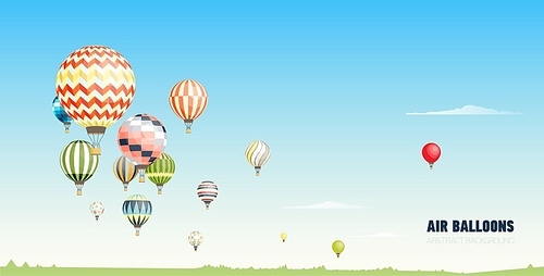 Gorgeous horizontal banner, background or picturesque landscape with hot air balloons flying in clear blue sky. Festival of beautiful manned aircrafts. Vector illustration in flat cartoon style