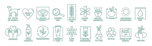collection of linear symbols or badges for natural  friendly handmade products, organic cosmetics, vegan and vegetarian food isolated on white . vector illustration in line art style