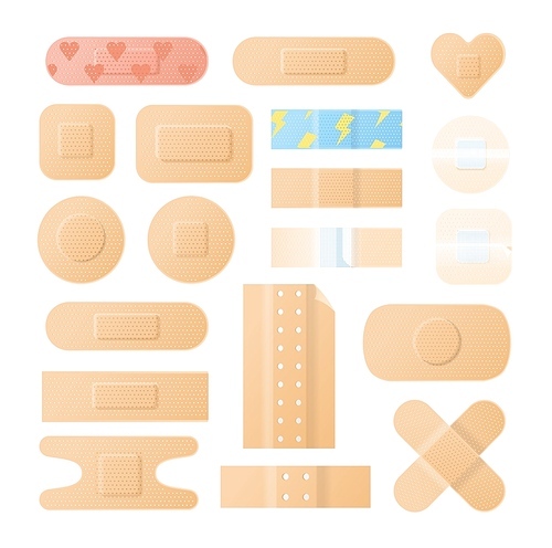 Collection of adhesive bandages, plasters or patches isolated on white . Bundle of medical dressings of various types for wounds and injuries. Modern vector illustration in flat style