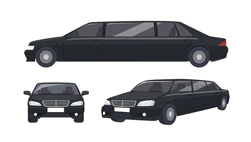 luxury black limousine isolated on . elegant premium luxurious motor vehicle, car or automobile. set of front and side views. colorful vector illustration in flat cartoon style