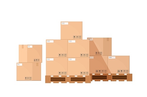 Pile or stack of cardboard or carton boxes on wooden pallet isolated on white . Goods packaged for warehouse storage, cargo shipping or delivery. Flat cartoon colorful vector illustration