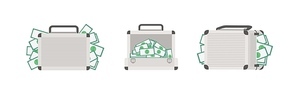 Set of cases full of money isolated on white background. Bundle of briefcases with cash or dollar banknotes. Wealth and prosperity. Colorful vector illustration in modern flat cartoon style