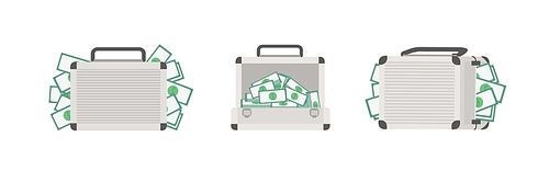 Set of cases full of money isolated on white . Bundle of briefcases with cash or dollar banknotes. Wealth and prosperity. Colorful vector illustration in modern flat cartoon style