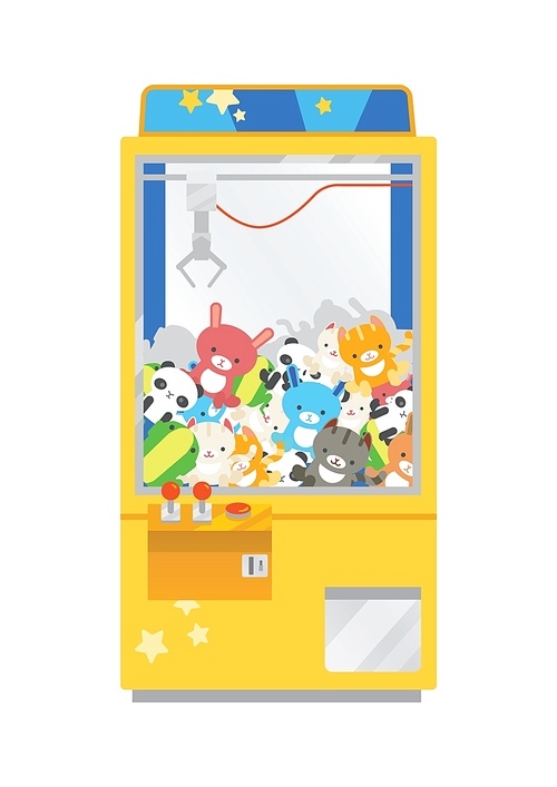 Claw crane machine or teddy picker isolated on white . Arcade game with plush toys inside, gaming device for kid's entertainment. Colorful vector illustration in flat cartoon style.