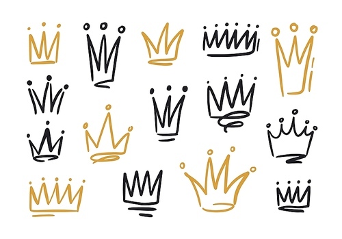 Bundle of drawings of crowns or coronets for king or queen. Symbols of monarchy, sovereign authority and power hand drawn with black and golden contour lines on white background. Vector illustration