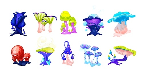 Collection of colorful magical fairytale mushrooms growing in enchanted forest. Set of exotic natural fantasy design elements isolated on white . Vector illustration in cartoon style
