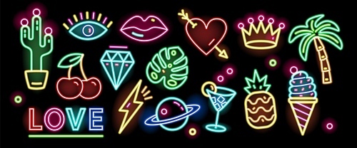 Bundle of symbols, signs or signboards glowing with colorful neon light isolated on black background. Collection of trendy design elements or decorations. Bright colored vector illustration
