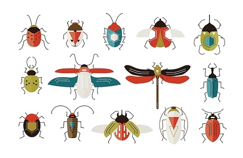 Collection of various colorful geometric insects with wings and antennas isolated on white  - bugs, beetles, dragonfly, ladybug, cockroach. Cartoon vector illustration in modern flat style
