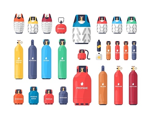 Collection of industrial compressed gas cylinders or tanks of various size and color isolated on white . Bundle of different pressure vessels. Colorful vector illustration in flat style