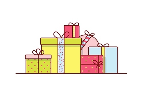 Holiday gift boxes wrapped in bright colored paper and decorated with ribbons and bows. Pile of packed festive presents isolated on white . Colorful vector illustration in line art style