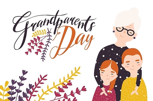 Grandparents Day greeting card template with cute grandmother and grandchildren. Grandma embracing grandson and granddaughter. Granny and grandkids. Loving family. Flat cartoon vector illustration