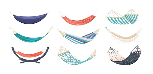 Collection of hammocks of different types isolated on white . Bundle of tools for summer recreation, relaxation, swinging, sleeping, resting. Decorative vector illustration in modern style