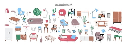 Bundle of stylish and comfy modern furniture, furnishings and home interior decorations of trendy Scandinavian or hygge style isolated on white . Colorful hand drawn vector illustration.