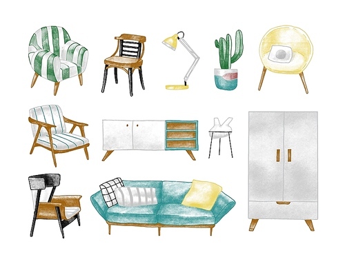 Collection of stylish comfortable modern furniture, furnishings and home interior decorations of trendy Scandic or hygge style isolated on white . Colored hand drawn vector illustration