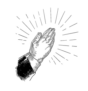 Folded praying hands drawn with black contour lines on white background. Beautiful retro drawing of religious prayer's gesture. Elegant monochrome vector illustration in vintage engraving style.