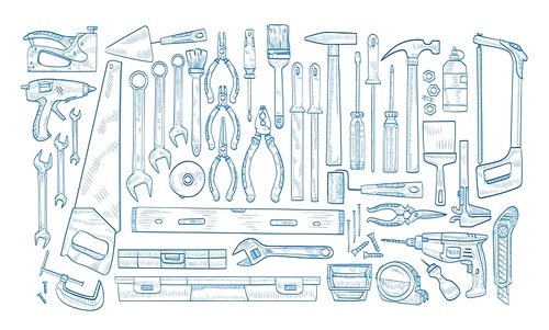Collection of manual and powered electric tools for woodworking, home repair and maintenance hand drawn with blue contour lines on white background. Monochrome realistic vector illustration.