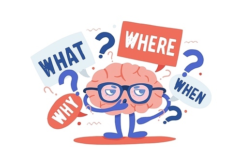 Adorable curious human brain with glasses solving riddles surrounded by questions and interrogation points. Cartoon character isolated on white . Colorful vector illustration in flat style.