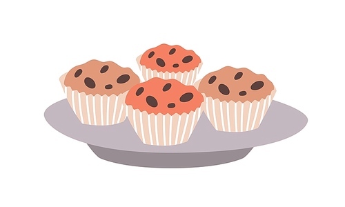Tasty sweet cupcakes with chocolate chips lying on plate isolated on light background. Delicious baked dessert, confection or pastry. Decorative design element. Flat cartoon vector illustration