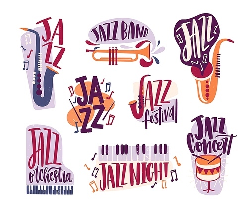 Bundle of jazz music inscriptions handwritten with elegant font and decorated with various musical instruments isolated on white  - piano, drums, saxophone, trumpet. Vector illustration