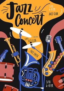 Poster template for jazz music orchestra performance, festival or concert with musical instruments and lettering. Vector illustration in contemporary flat style for event promotion, advertisement