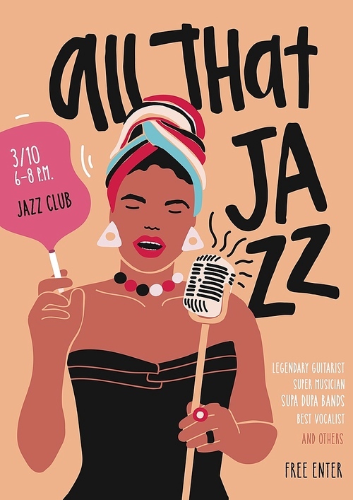 Poster, flyer or invitation template for jazz music performance, event or concert with African American female singer or vocalist singing in microphone. Modern vector illustration in flat style