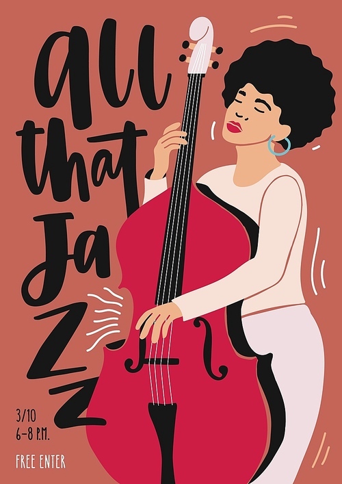 Jazz music performance, concert or festival advertisement poster or flyer template with African American female musician playing double bass. Flat vector illustration in contemporary art style