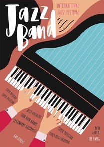 International jazz festival, concert, music performance advertisement poster or flyer template with pianist's hands playing grand piano and place for text. Modern vector illustration in flat style