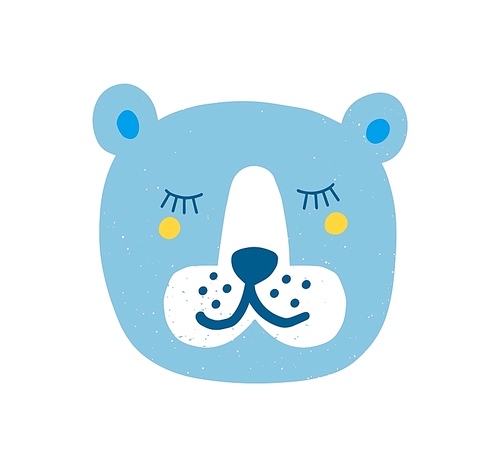Pretty bear face with closed eyes isolated on white . Head of cute sleeping forest animal. Muzzle of lovely beast. Flat modern cartoon childish vector illustration for apparel