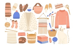 Collection of winter knitted clothes and knitting tools isolated on white background - woolen jumper, cardigan, scarf, hat, mittens, socks, needles, hook, yarn. Flat cartoon vector illustration