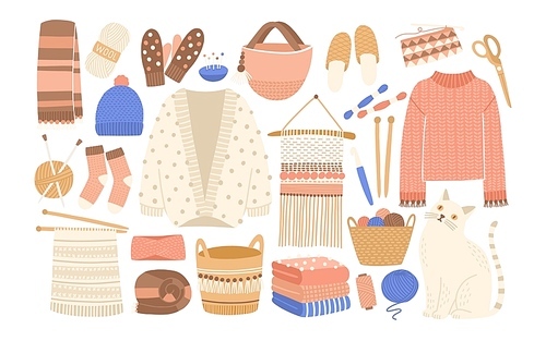 Collection of winter knitted clothes and knitting tools isolated on white  - woolen jumper, cardigan, scarf, hat, mittens, socks, needles, hook, yarn. Flat cartoon vector illustration