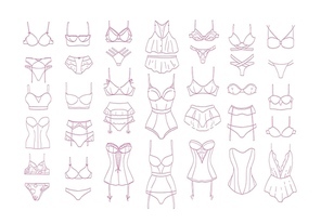 Collection of women's lingerie sets and sleepwear drawn with contour lines on white background. Bundle of elegant and sexy female underwear. Monochrome vector illustration in modern lineart style