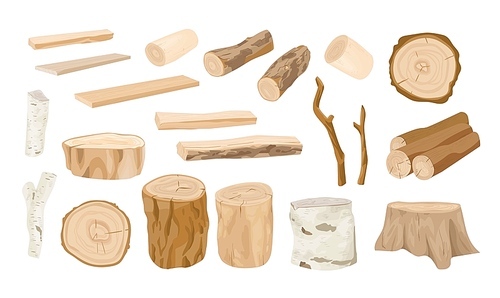 Collection of wooden logs, tree branches, lumbers, timber sawn into rough planks isolated on white . Set of lumber and industrial wood. Colorful vector illustration in realistic style