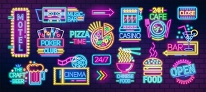 Collection of symbols, signs or signboards glowing with colorful neon light for poker club, casino, pizzeria, Chinese food cafe or restaurant, motel, cocktail bar. Bright colored vector illustration